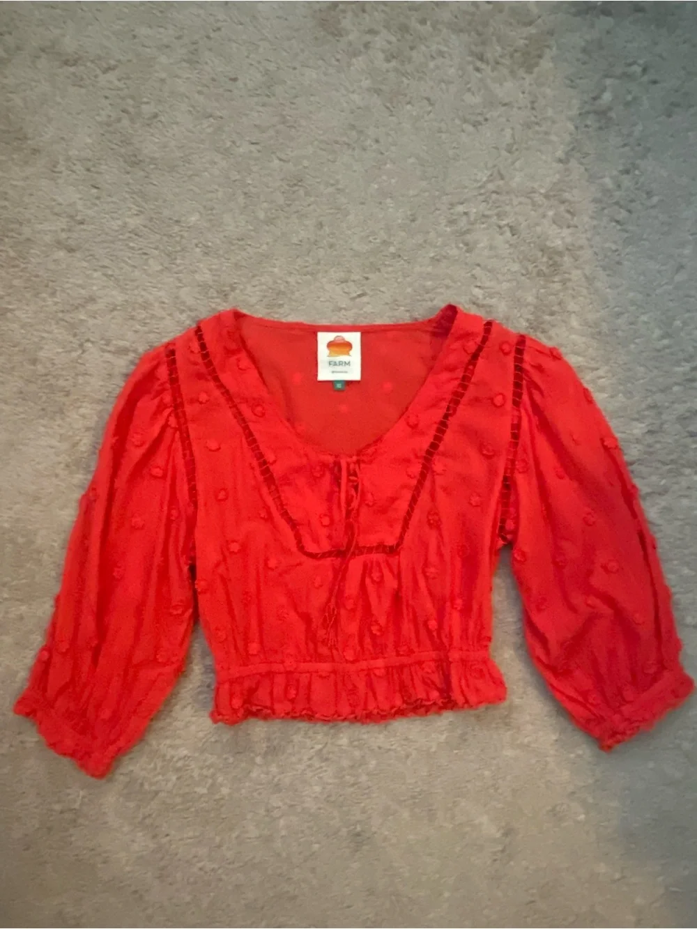 FARM Rio Vibrant Red Embroidered Puff-Sleeve Blouse